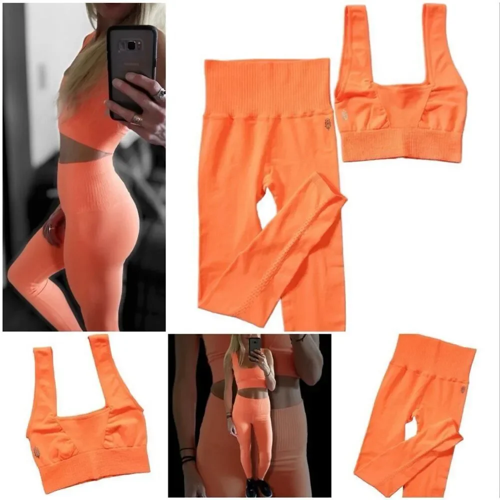 Free People Movement Good Karma Leggings & Square Neck Bra Set Neon Orange XS/S